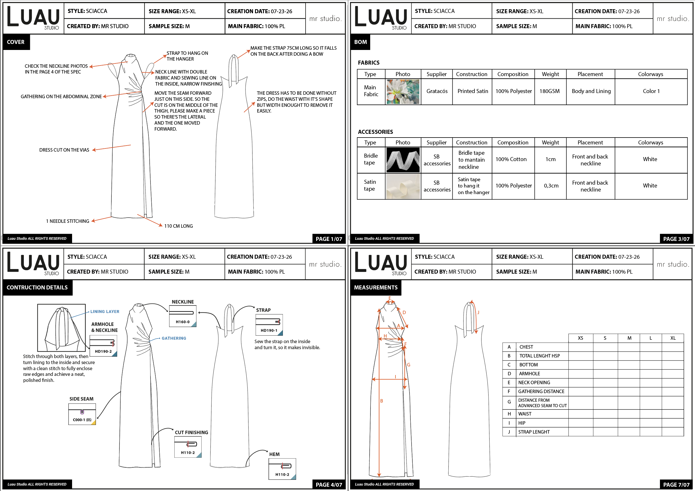 Cuatro páginas de fichas técnicas de Luau Studio: diseño, materiales, confección y medidas